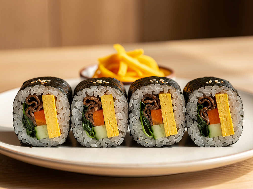 Close-up of Korean gimbap coins showing seasoned rice, seaweed and beef bulgogi filling