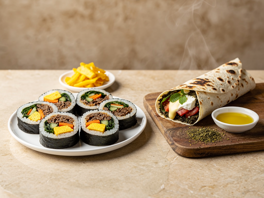 Korean gimbap rolls beside a Levantine saj wrap on a Dubai restaurant table
