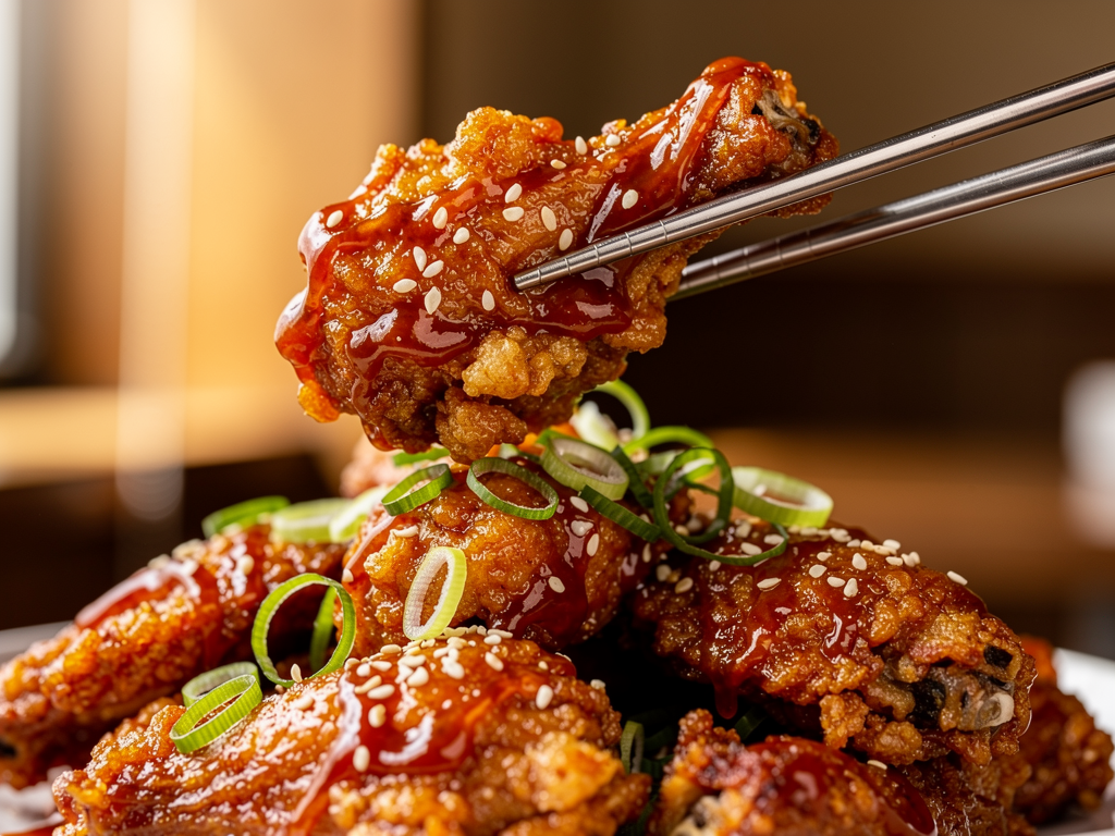 close-up of glossy yangnyeom Korean fried chicken with sesame seeds