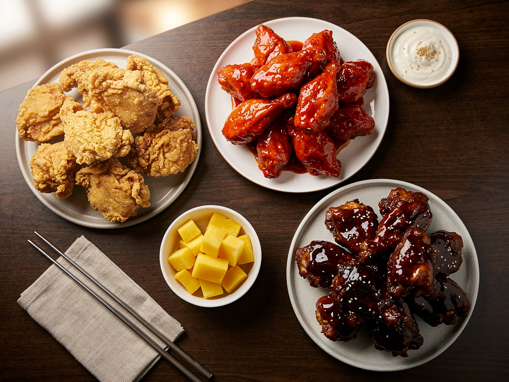 overhead spread of Korean fried chicken varieties with pickled radish at a halal Korean restaurant