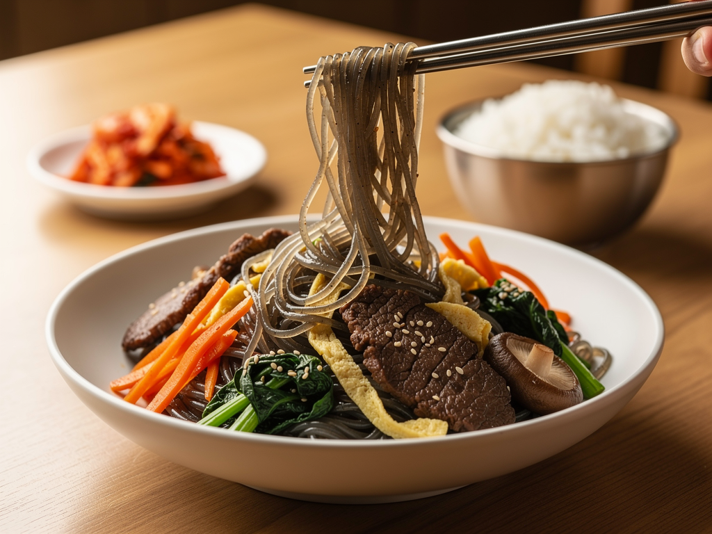Japchae vs Chow Mein (2026): The Honest UAE Guide 2 Close-up of japchae glass noodles with beef and vegetables at Mukbang Shows