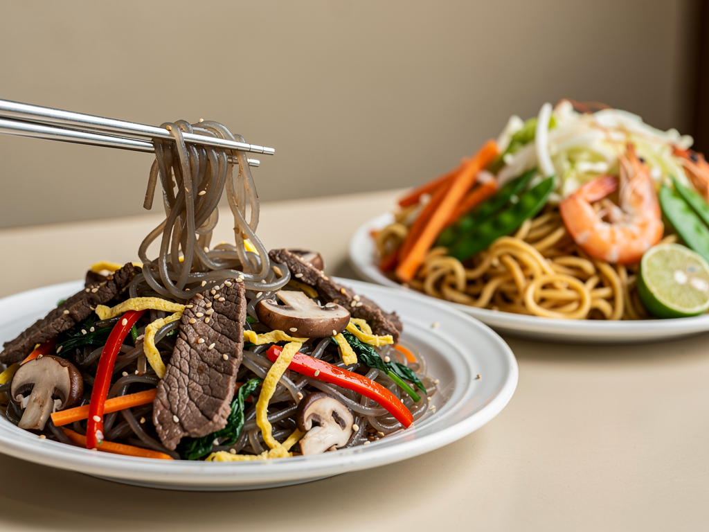 Japchae vs Pancit (2026): The Honest UAE Guide 2 glossy Korean japchae glass noodles with vegetables beside curly Filipino pancit canton egg noodles