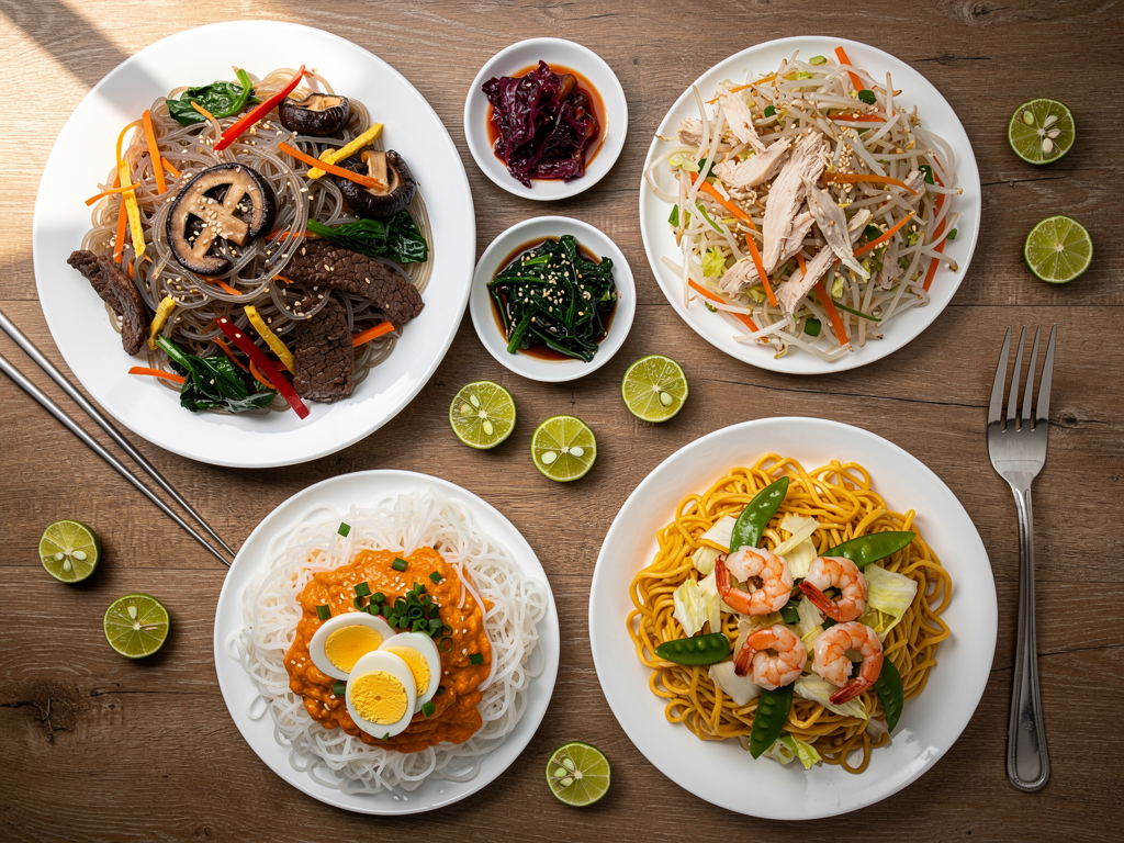 Japchae vs Pancit (2026): The Honest UAE Guide 3 overhead spread of Korean japchae with banchan beside three Filipino pancit noodles, bihon, canton and palabok