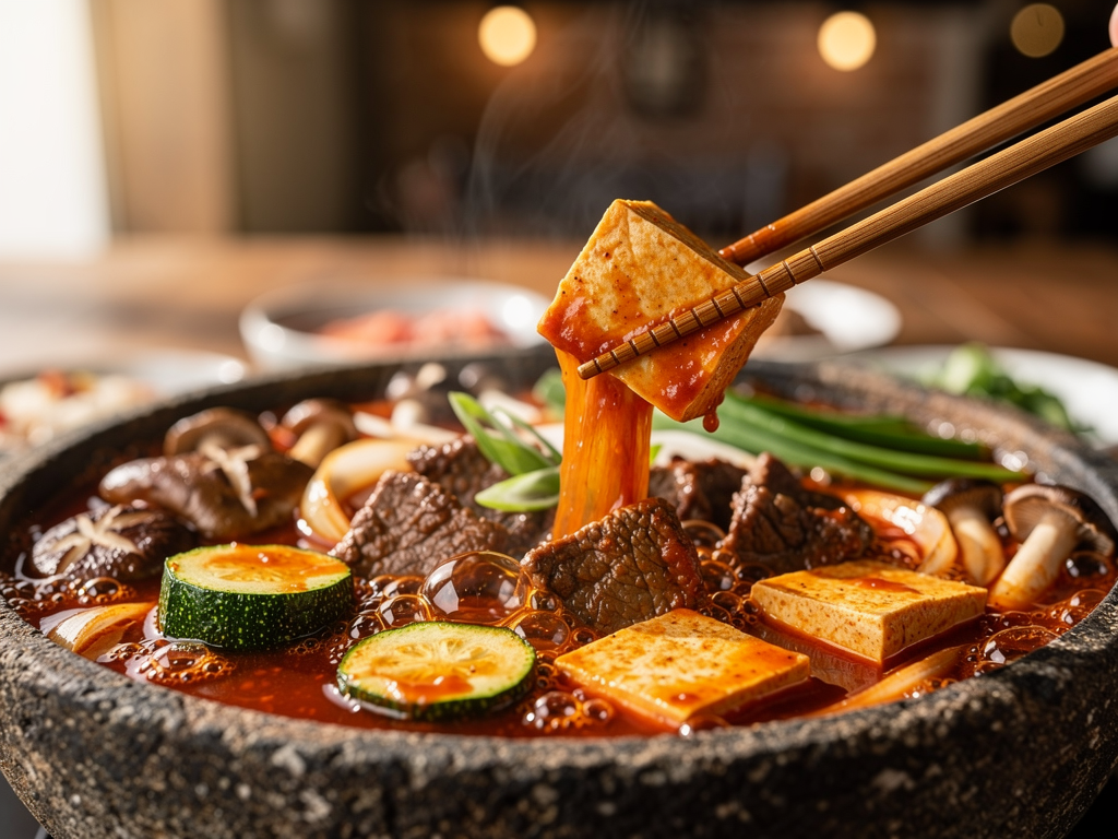 Korean jjigae bubbling in a stone pot