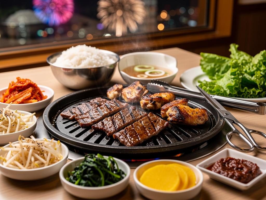 K-Fest Dubai Concert 2026: ONEUS, Kwon Eunbi and AIKI at Festival City — The Honest Guide 2 Korean BBQ table with beef, chicken, banchan, gimbap, soup and rice near Dubai Festival City