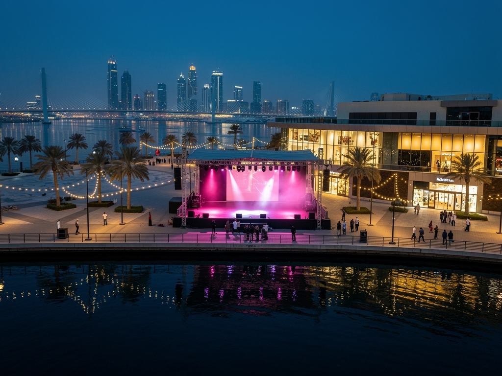 K-Fest Dubai Concert 2026: ONEUS, Kwon Eunbi and AIKI at Festival City — The Honest Guide 3 Festival Bay waterfront promenade at Dubai Festival City Mall at dusk before the K-Fest concert