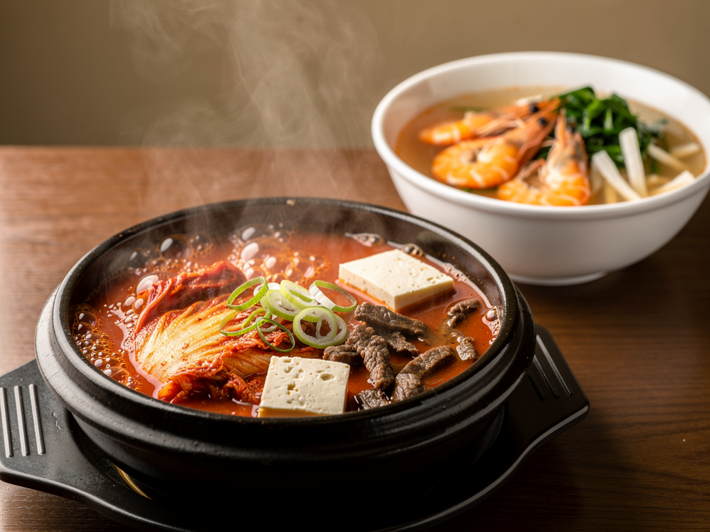 Kimchi Jjigae vs Sinigang (2026): The Honest UAE Guide 2 bubbling red kimchi jjigae in a stone pot beside a pale tamarind sinigang with shrimp and vegetables