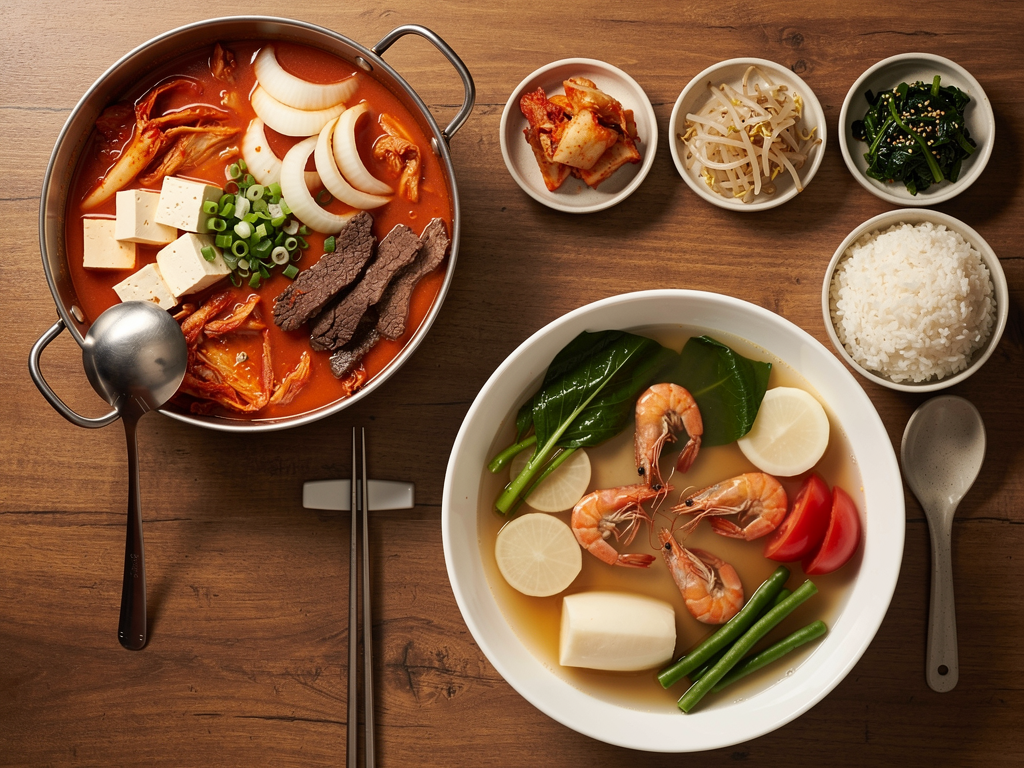Kimchi Jjigae vs Sinigang (2026): The Honest UAE Guide 3 overhead spread of a Korean kimchi hot pot with rice and banchan and a Filipino shrimp sinigang with jasmine rice