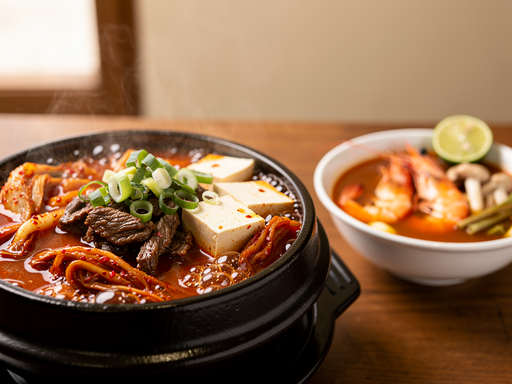 Kimchi Jjigae vs Tom Yum (2026): The Honest UAE Guide 2 Bubbling red kimchi stew with tofu and beef in a stone pot beside tom yum with prawns, lemongrass and lime leaves