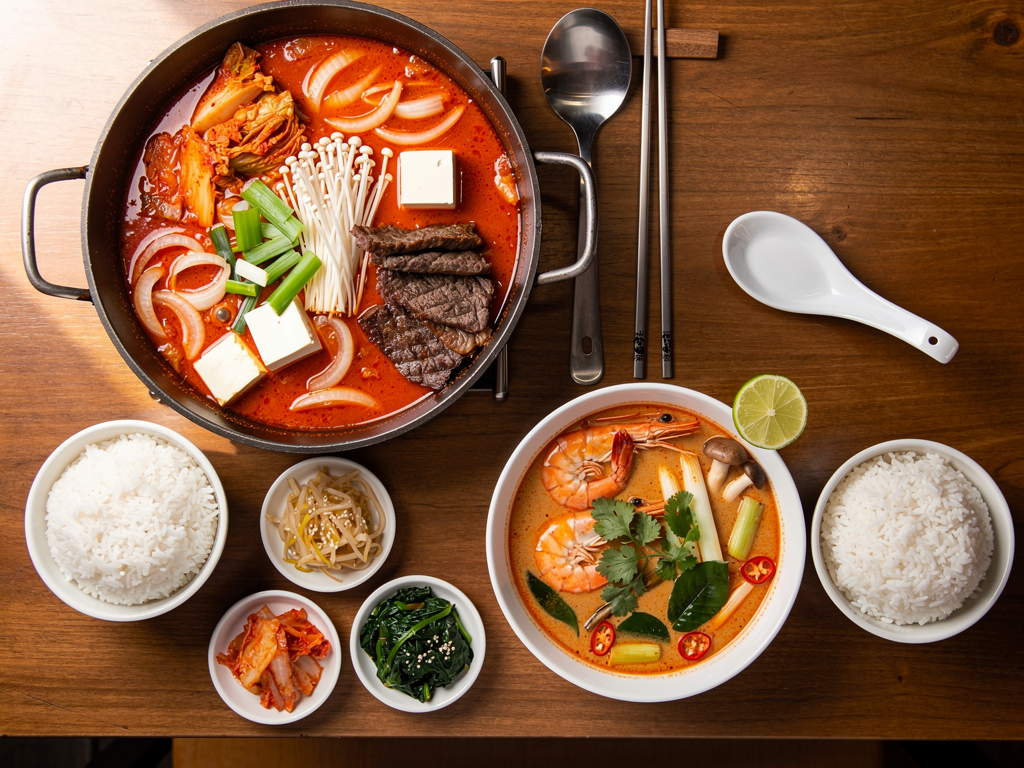 Kimchi Jjigae vs Tom Yum (2026): The Honest UAE Guide 3 Overhead spread of a Korean kimchi hot pot with rice and banchan and a Thai tom yum with prawns, mushrooms and jasmine rice