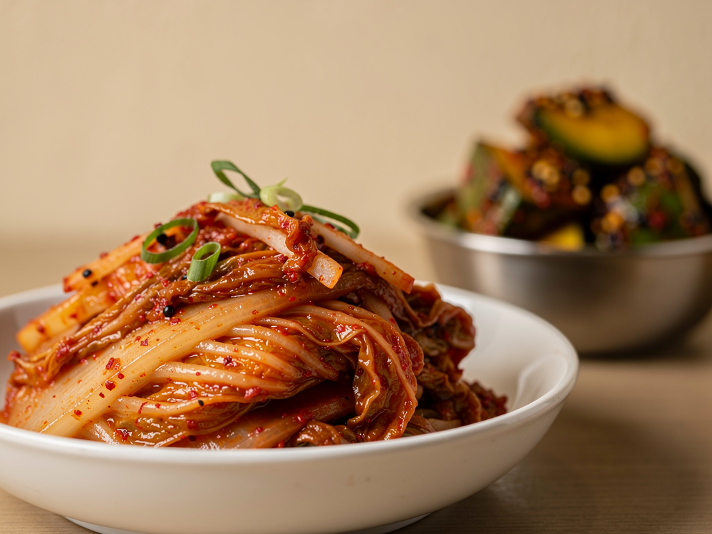 Kimchi vs Achar (2026): The Honest UAE Guide 2 Close-up of red napa cabbage kimchi beside oily mango achar with mustard seeds