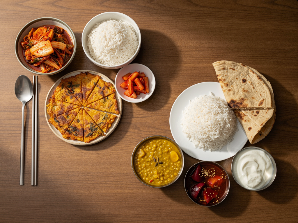 Kimchi vs Achar (2026): The Honest UAE Guide 3 Overhead spread of kimchi with Korean rice and kimchi pancake beside dal, rice and paratha with mango and lime achar