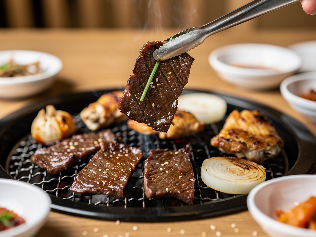 close-up of marinated beef galbi being lifted from a Korean BBQ grill