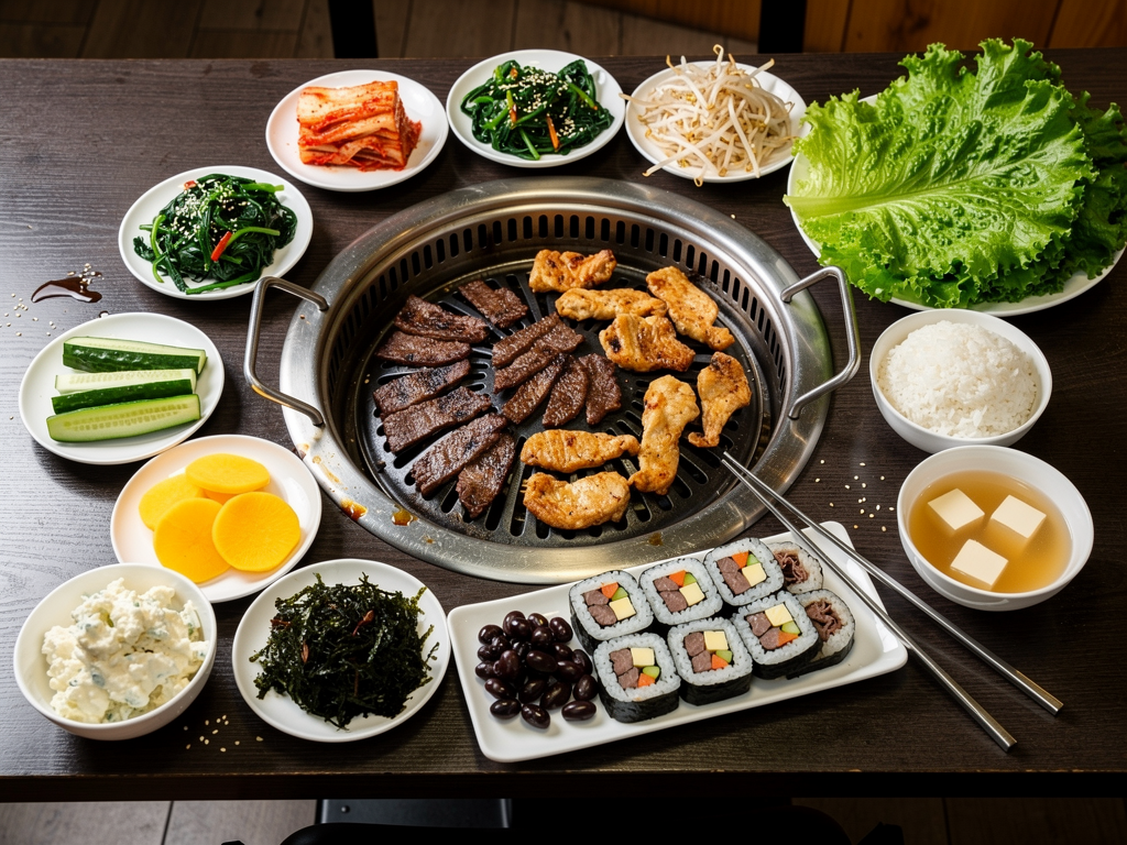 an unlimited Korean BBQ table with beef, banchan, gimbap and rice