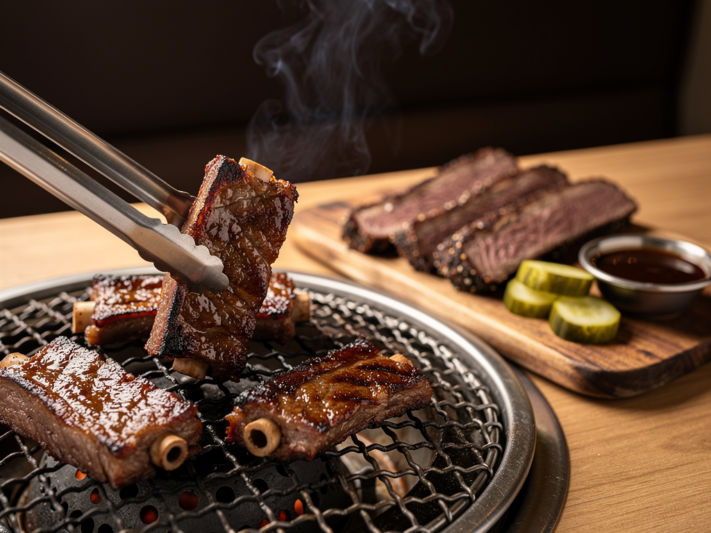 Korean BBQ vs American BBQ (2026): Honest UAE Guide 2 Thin-sliced raw beef brisket on a Korean table grill beside a board of sliced smoked brisket