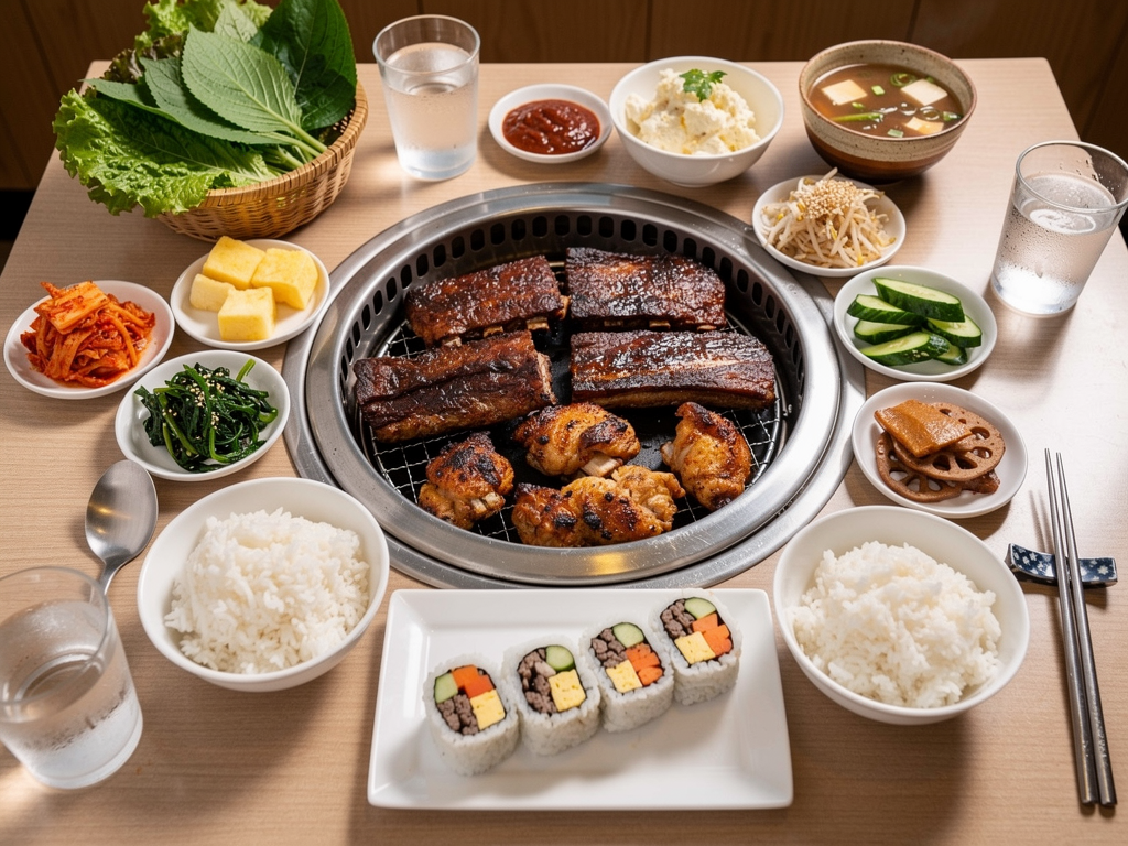 Korean BBQ vs American BBQ (2026): Honest UAE Guide 3 Mukbang Shows Korean BBQ table with beef on the grill, banchan and rice