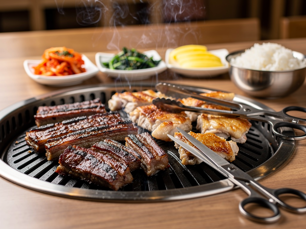Korean tabletop grill with beef and chicken cooking at a Mukbang Shows branch in Dubai
