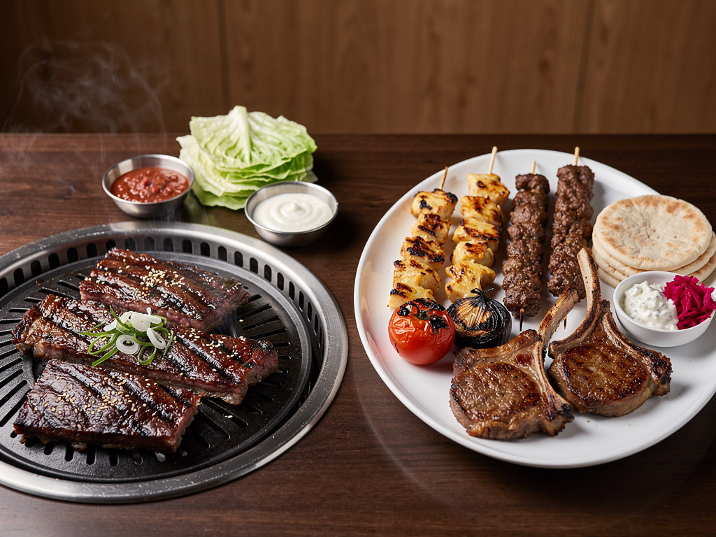 Korean BBQ beef on a table grill beside a Levantine mixed grill platter