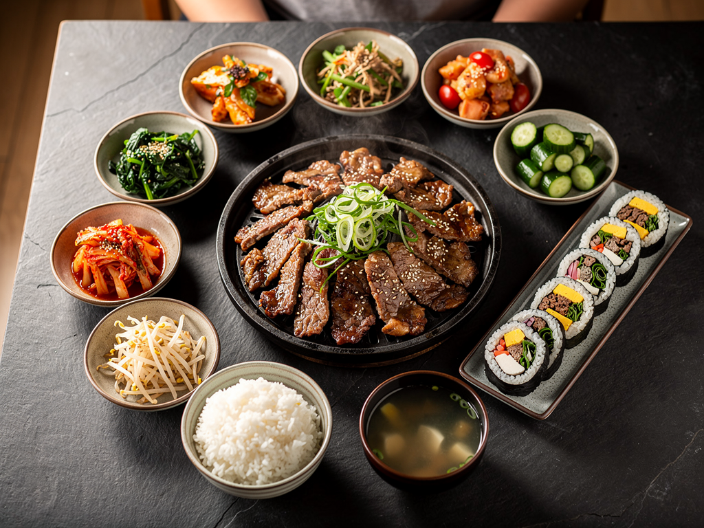 Korean BBQ beef with banchan, gimbap, rice and soup on a Dubai restaurant table