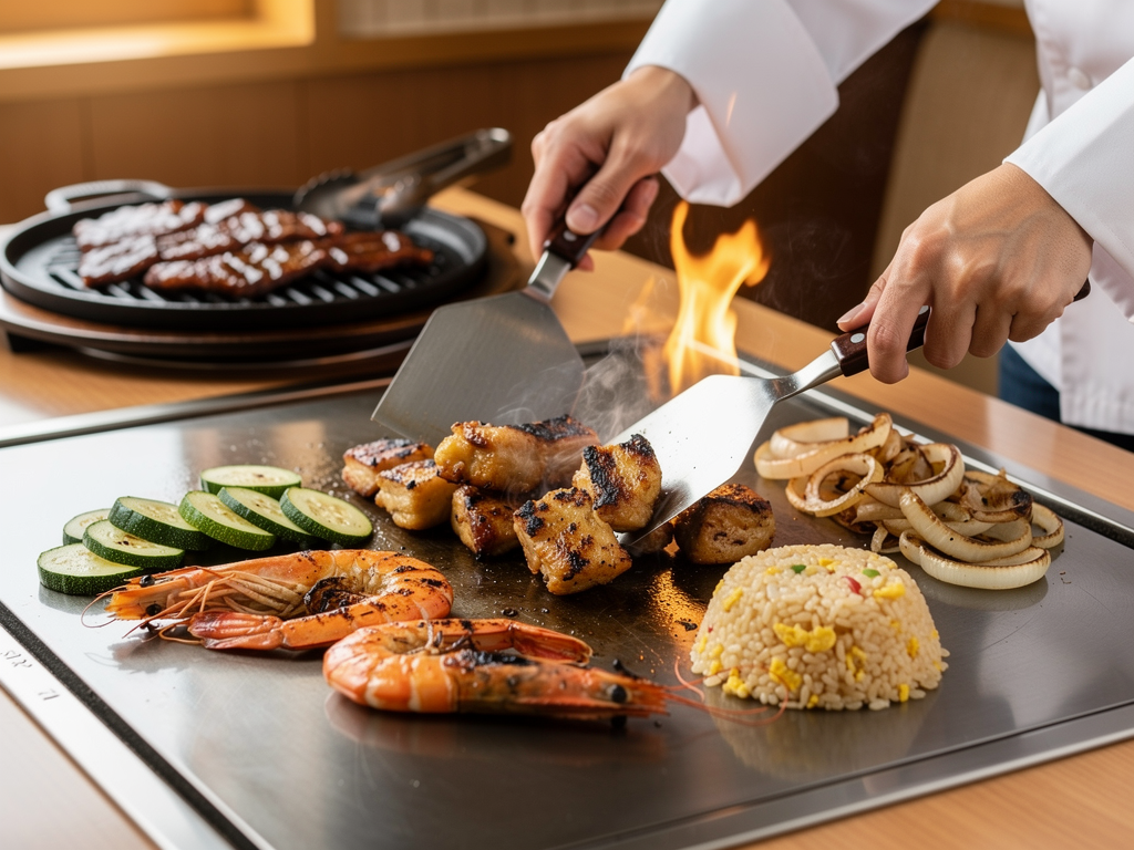 Chef's spatulas cooking chicken and prawns on a flat teppanyaki griddle beside marinated beef on a Korean table grill