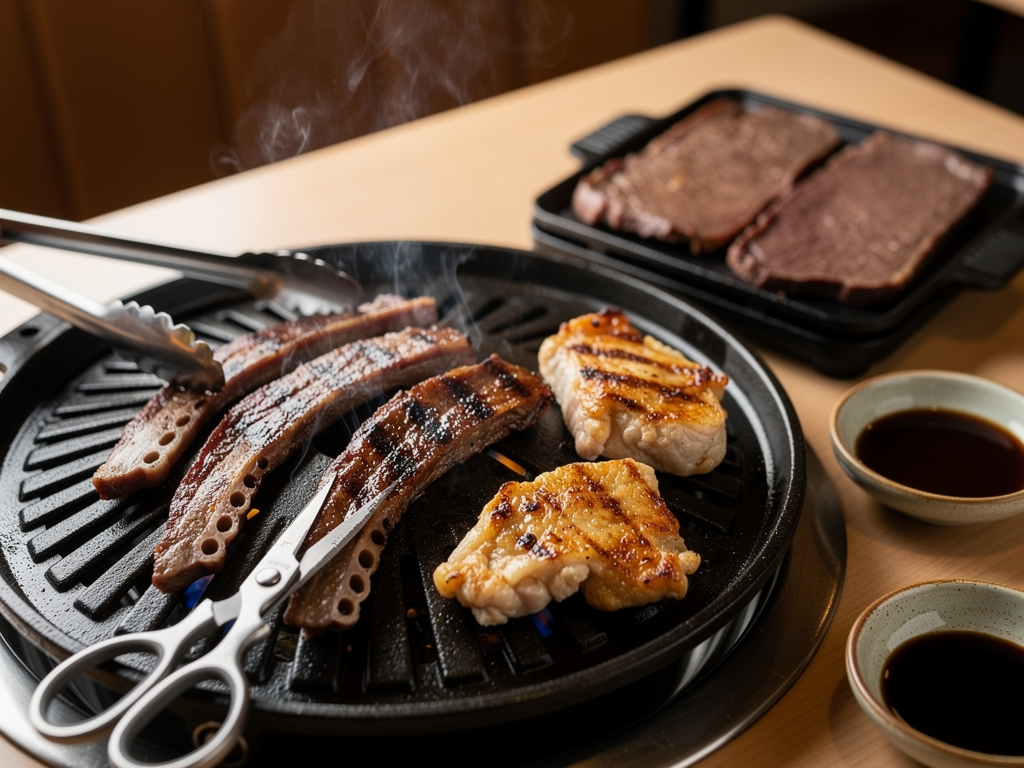 Marinated beef galbi and chicken on a Korean table grill beside plain beef slices on a Japanese yakiniku roaster