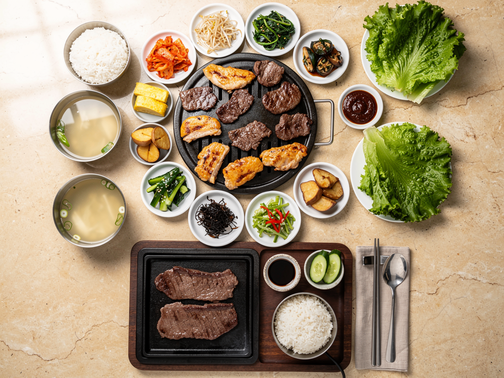 Mukbang Shows Korean BBQ table with beef, chicken, banchan, rice and soup beside a minimalist yakiniku tray