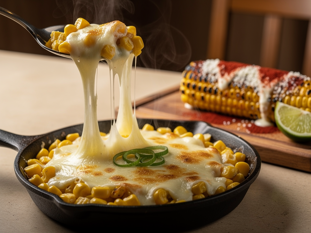 Melted mozzarella cheese pull over a skillet of Korean corn cheese beside a chilli-dusted elote cob