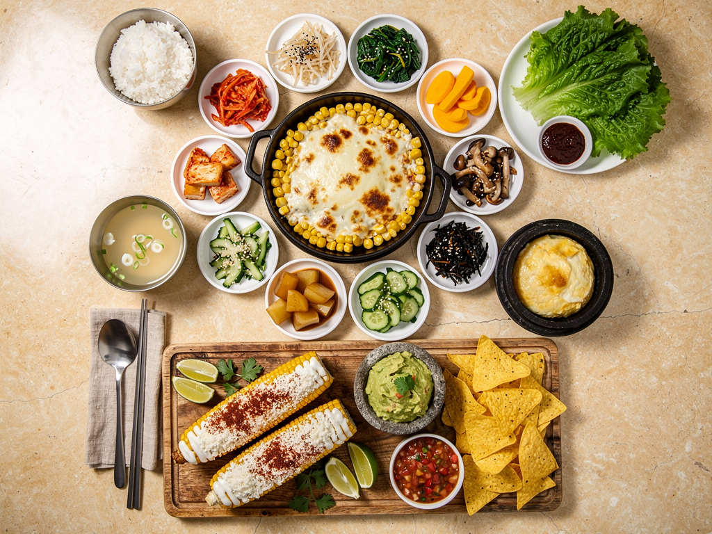 Mukbang Shows Korean table with corn cheese, banchan, rice and soup beside a Mexican board of elote cobs, guacamole and tortilla chips