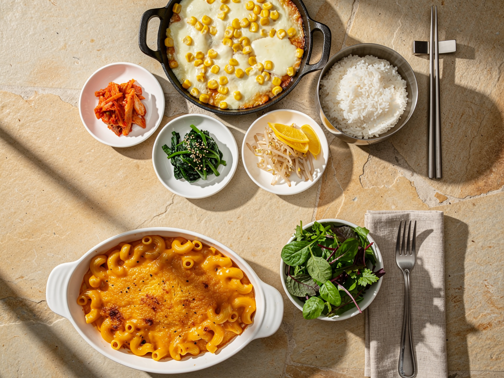 Korean Corn Cheese vs Mac and Cheese (2026): Honest UAE Guide 3 Overhead table spread comparing Korean corn cheese with a dish of mac and cheese
