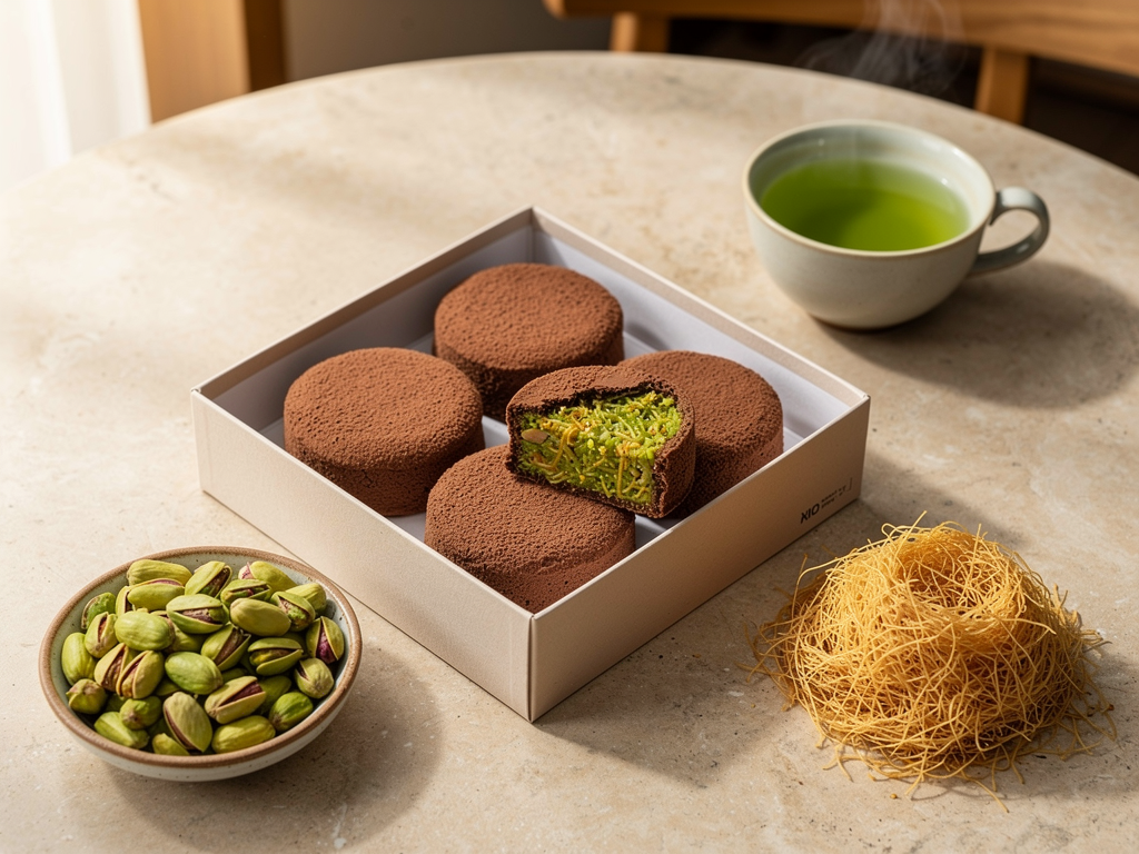 Korean Dubai Cookie (두쫀쿠): The Complete 2026 Guide to Buying One in the UAE 3 Box of Korean-style Dubai chewy cookies with pistachio kunafa filling on a cafe table