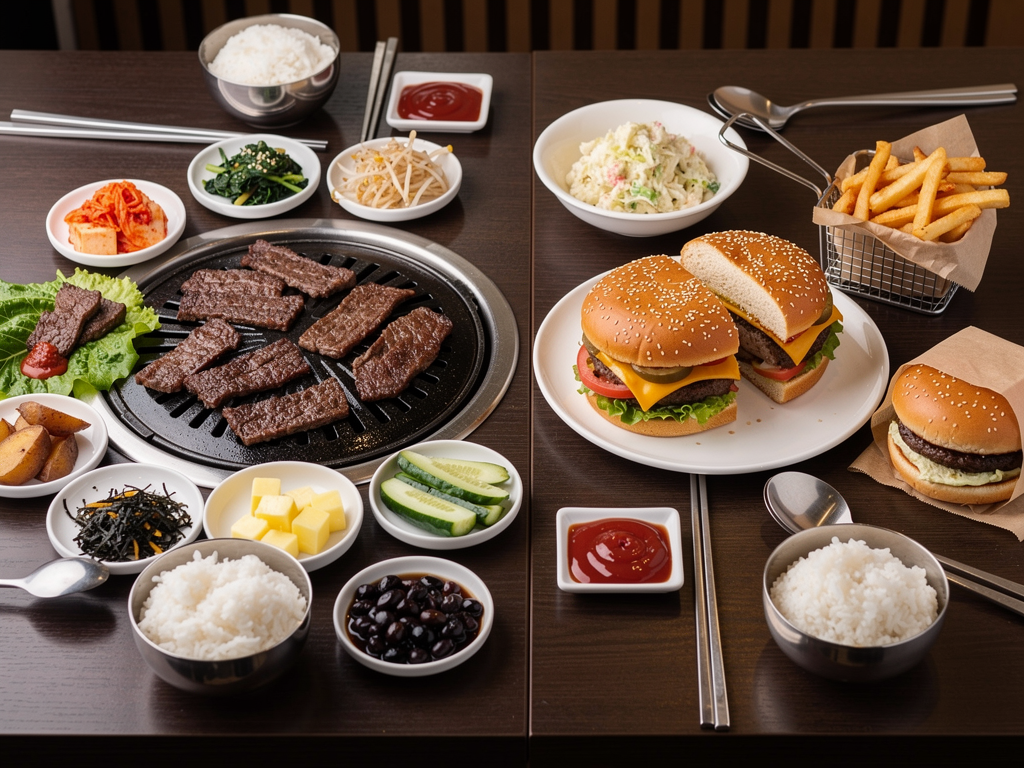 Korean Food vs American Food (2026): The Honest UAE Guide 3 A Korean BBQ table with banchan beside an American burger and fries