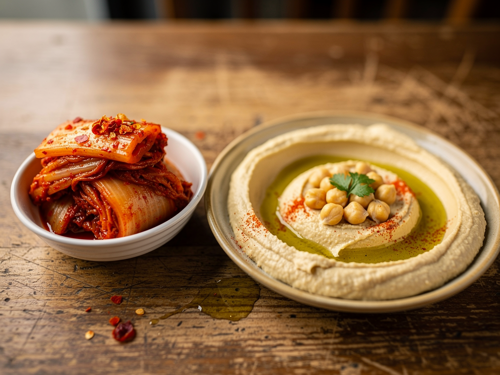 A small bowl of Korean kimchi beside a plate of Arabic hummus with olive oil