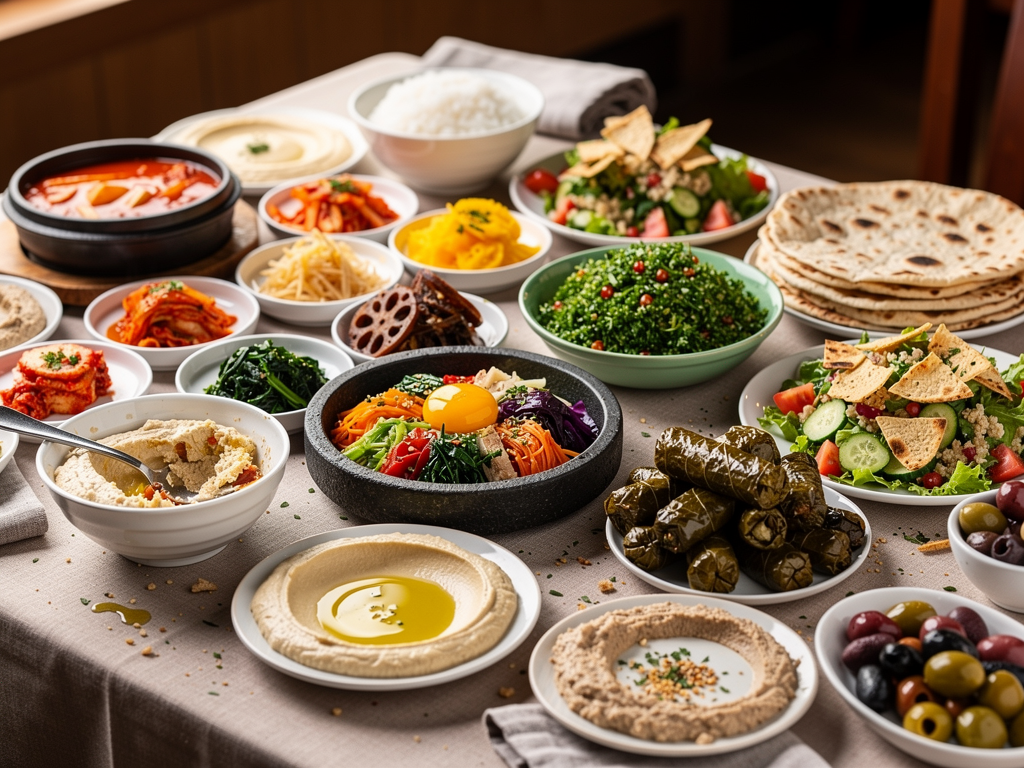 A shared table with Korean banchan bowls and Arabic mezze plates side by side