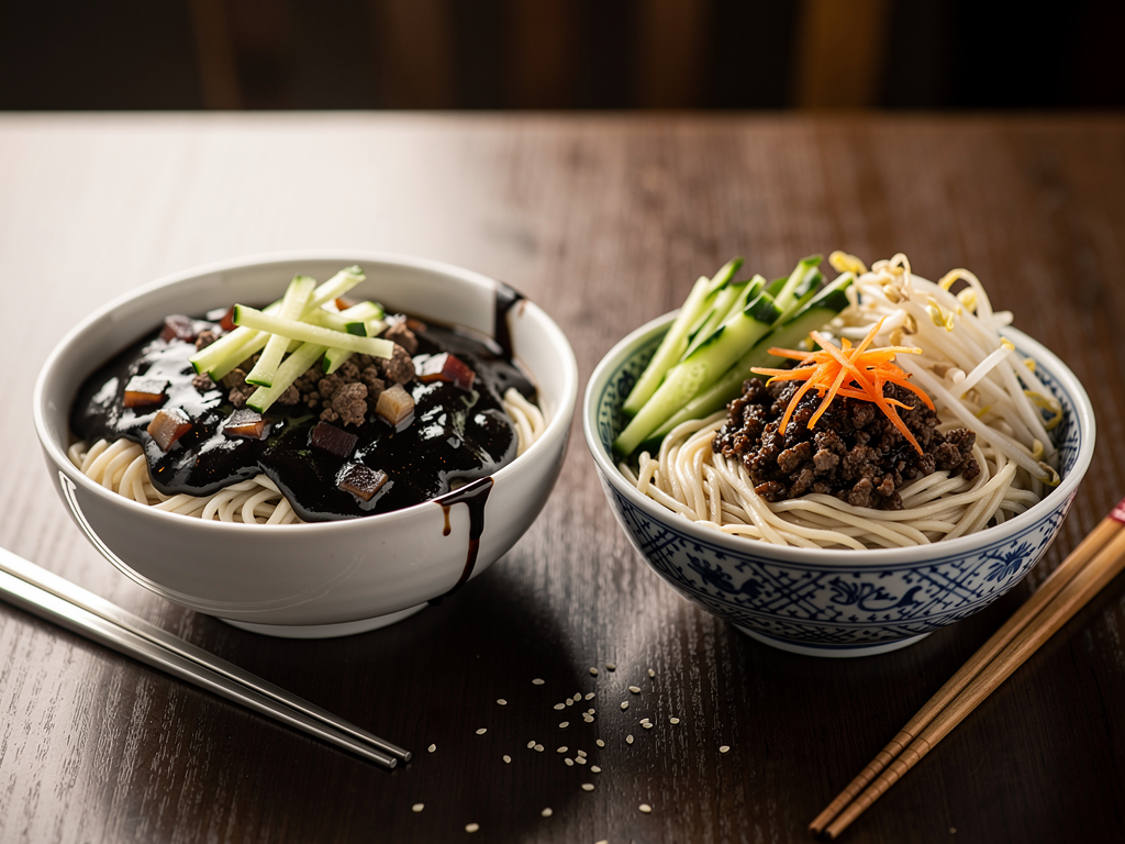 Korean Food vs Chinese Food (2026): The Honest UAE Guide 2 close-up of Korean jajangmyeon next to Chinese zhajiangmian noodles
