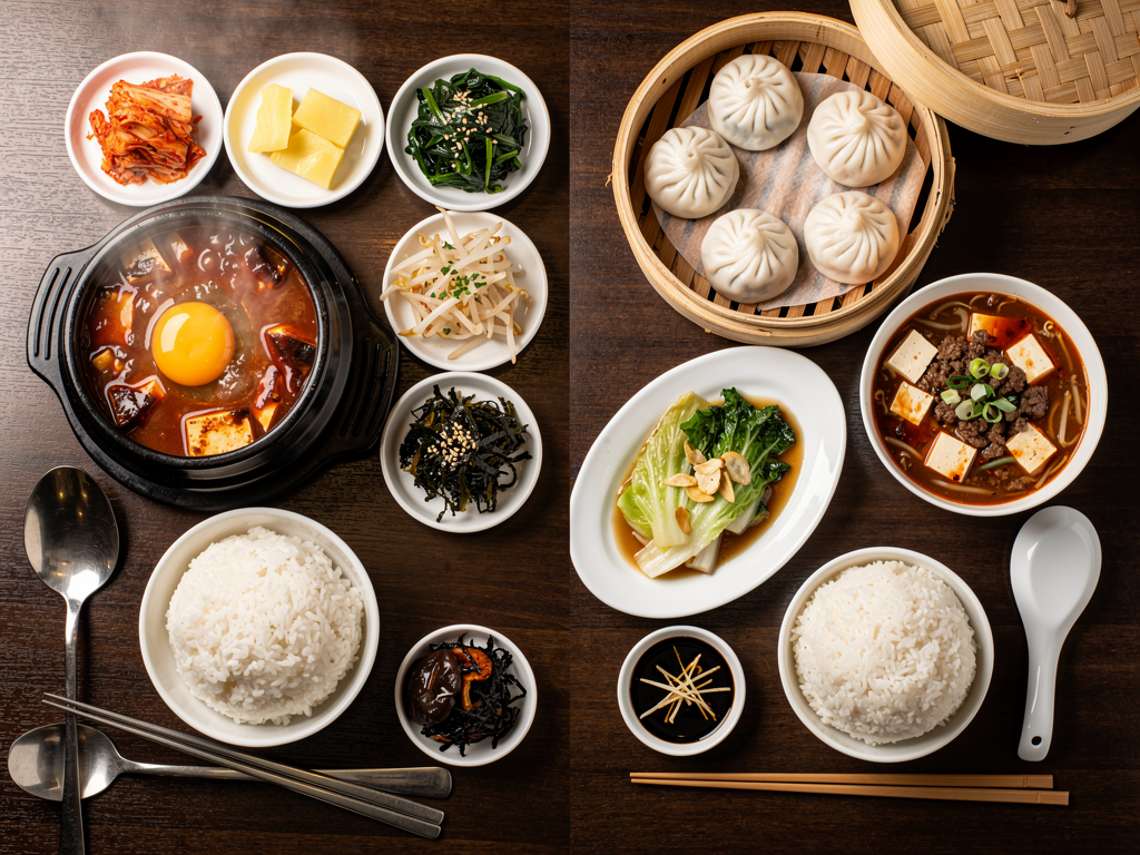 Korean Food vs Chinese Food (2026): The Honest UAE Guide 3 a Korean stew and banchan beside Chinese dumplings, mapo tofu and hot and sour soup