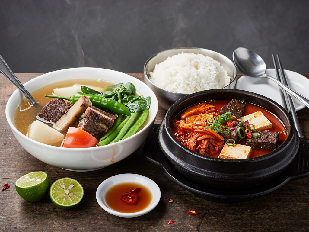 Korean Food vs Filipino Food (2026): The Honest UAE Guide 2 close-up of a bowl of Filipino beef sinigang beside a bowl of Korean kimchi jjigae