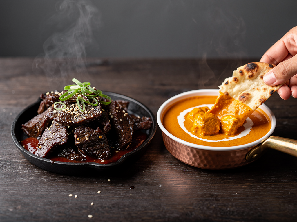 Korean Food vs Indian Food (2026): The Honest UAE Guide 2 close-up of gochujang beef bulgogi beside butter chicken and naan