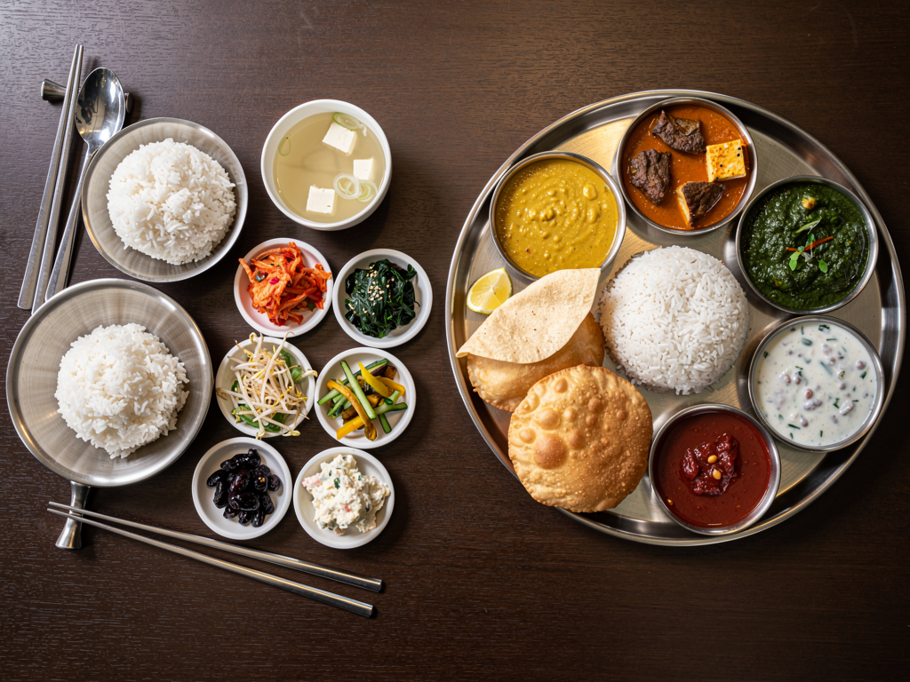 Korean Food vs Indian Food (2026): The Honest UAE Guide 3 a Korean banchan spread beside an Indian thali on one table