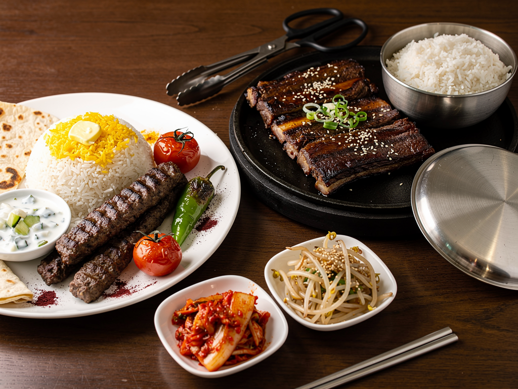Korean Food vs Iranian Food (2026): The Honest UAE Guide 2 close-up of an Iranian chelo kabab koobideh on saffron rice beside Korean grilled galbi beef short rib with rice and kimchi