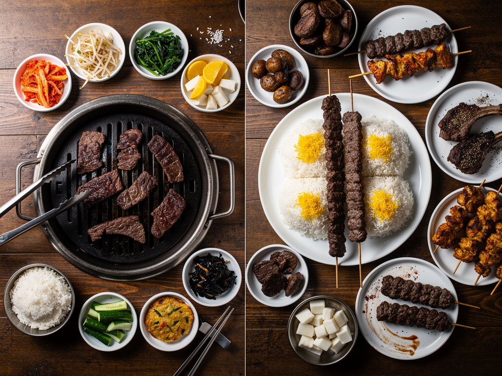 Korean Food vs Iranian Food (2026): The Honest UAE Guide 3 an Iranian platter of koobideh skewers, lamb chops and saffron chicken kebabs on rice beside a Korean BBQ table of grilled beef and banchan