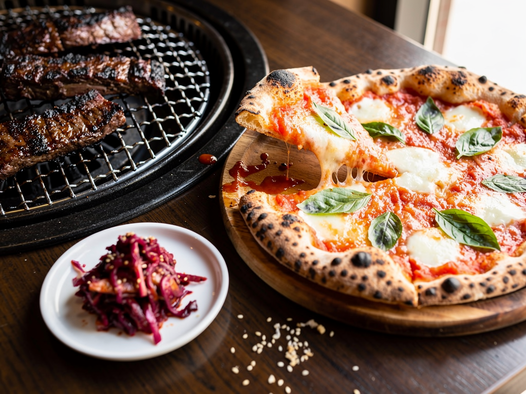 Korean Food vs Italian Food (2026): The Honest UAE Guide 2 close-up of an Italian margherita pizza on a wooden board beside a Korean cast-iron table grill with charred beef short rib and kimchi