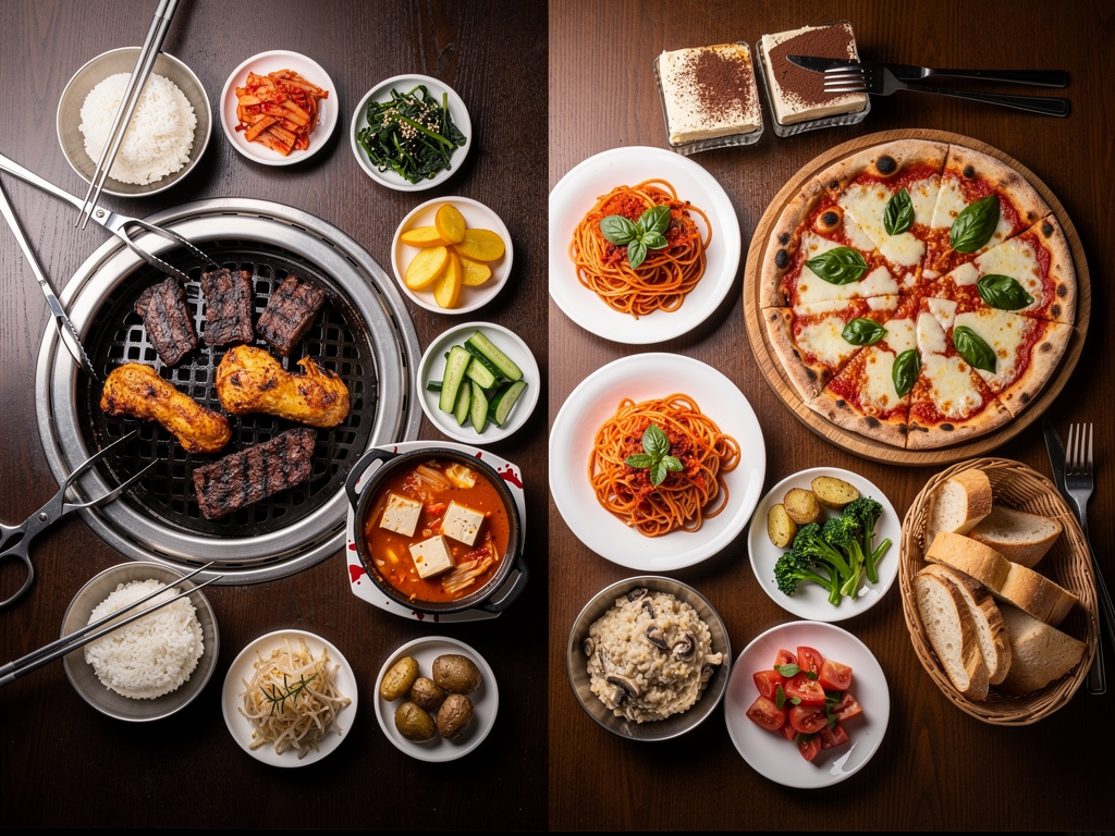 Korean Food vs Italian Food (2026): The Honest UAE Guide 3 an Italian table with pizza, pasta, contorni and tiramisu beside a Korean BBQ table with grilled beef, rice and banchan