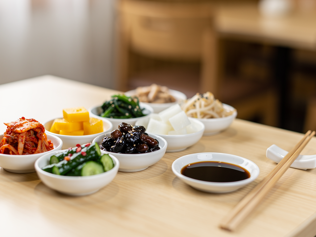 Korean Food vs Japanese Food (2026): The Honest UAE Guide 2 A row of Korean banchan side dishes beside a single small Japanese dish of soy sauce