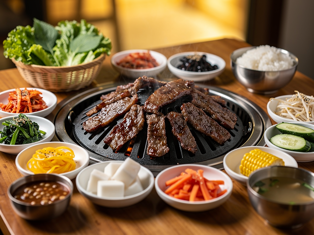 Korean Food vs Japanese Food (2026): The Honest UAE Guide 3 A shared Korean BBQ table with a centre grill and side dishes for a group