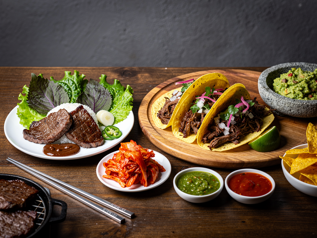 Korean Food vs Mexican Food (2026): The Honest UAE Guide 2 close-up of a Korean ssam lettuce wrap of grilled beef beside a beef barbacoa taco with salsa and lime