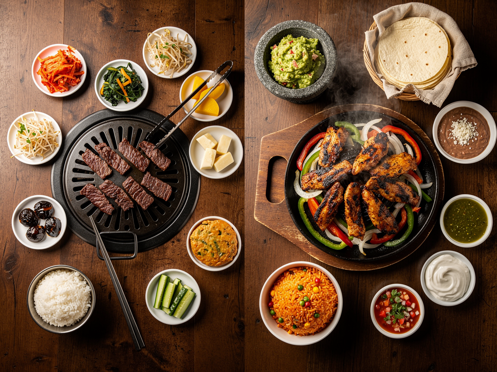 Korean Food vs Mexican Food (2026): The Honest UAE Guide 3 a Mexican fajita platter with tortillas, guacamole and salsas beside a Korean BBQ table of grilled beef and banchan