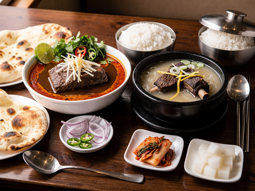 Korean Food vs Pakistani Food (2026): The Honest UAE Guide 2 close-up of a bowl of beef nihari with naan beside a Korean galbitang beef short-rib soup with rice and kimchi