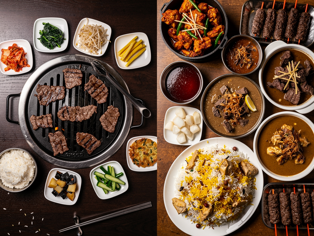 Korean Food vs Pakistani Food (2026): The Honest UAE Guide 3 a Pakistani buffet line of curries, biryani, barbecue and naan beside a Korean BBQ table of grilled beef and banchan