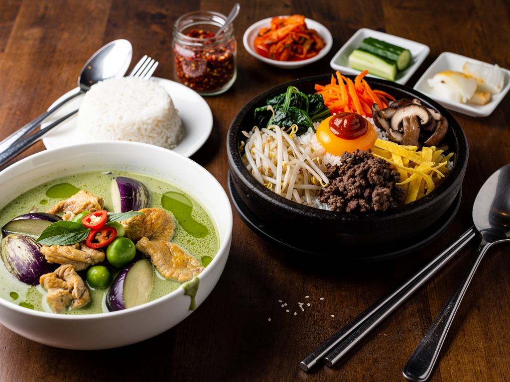 Korean Food vs Thai Food (2026): The Honest UAE Guide 2 close-up of a Thai green curry with jasmine rice beside a Korean bibimbap with banchan