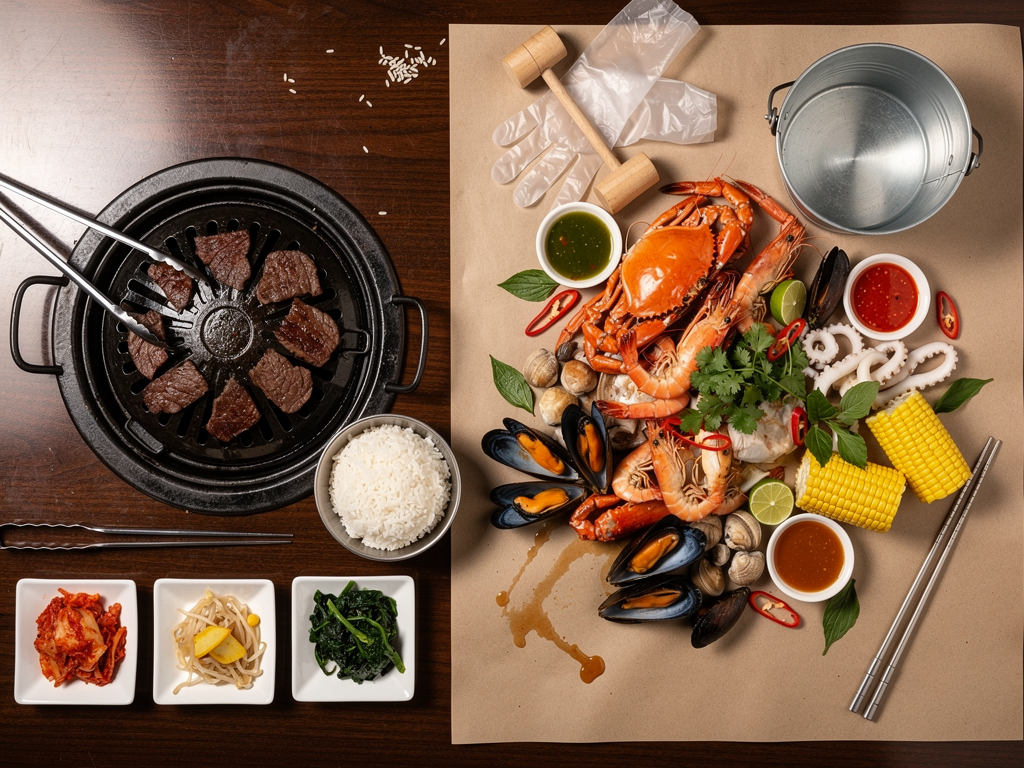Korean Food vs Thai Food (2026): The Honest UAE Guide 3 a Thai seafood bucket on paper beside a Korean grill table with banchan